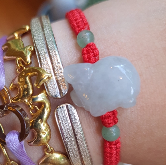 Natural Pig Jadeite Jade Red String Bracelet - Picture 4 of 11